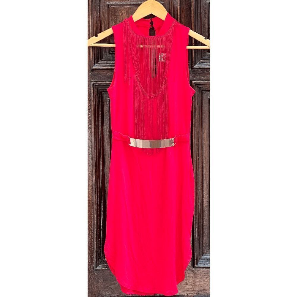 Reworked Minerva Rayon Red Belted Fringe Dress - S